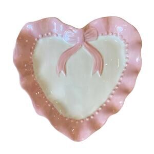 Pink & White Heart Shaped Trinket Tray 8in Ceramic Scalloped Valentines Day NEW